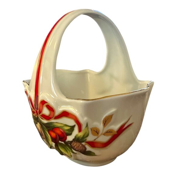 1950s Made in Japan Christmas Basket with Red Ribbon & Fruit – Vintage Ceramic H - Picture 2 of 5